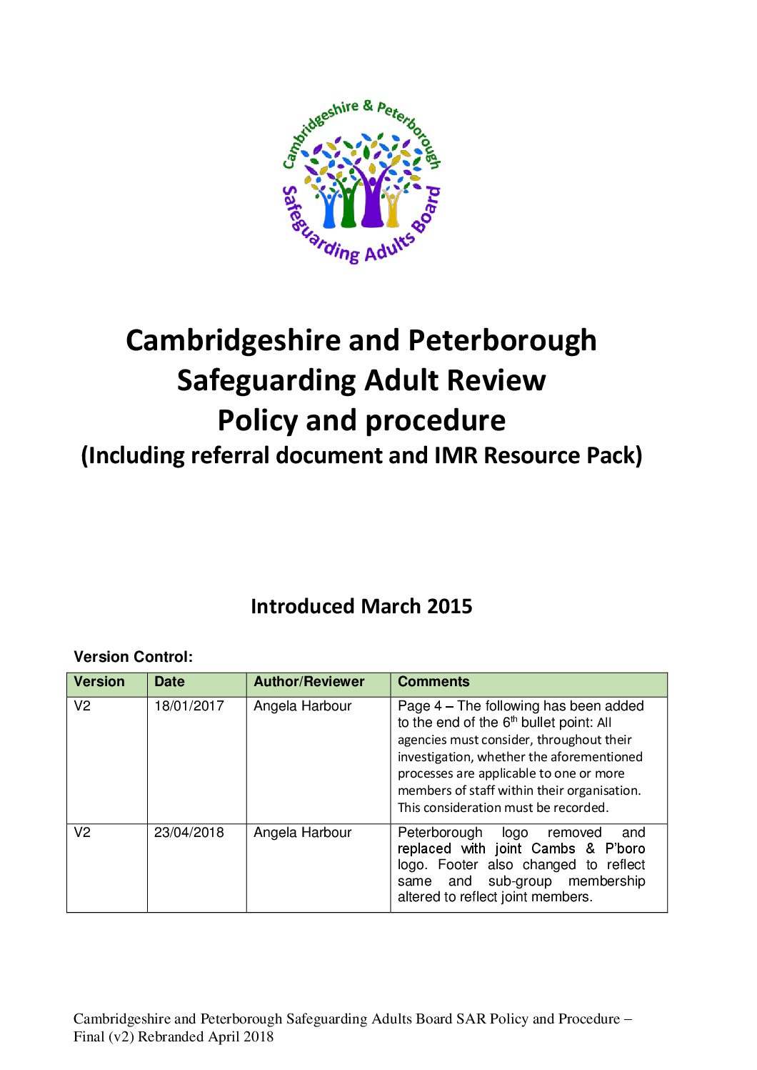 SAR Policy and Procedures April 2018 Cambridgeshire and Peterborough Safeguarding Partnership
