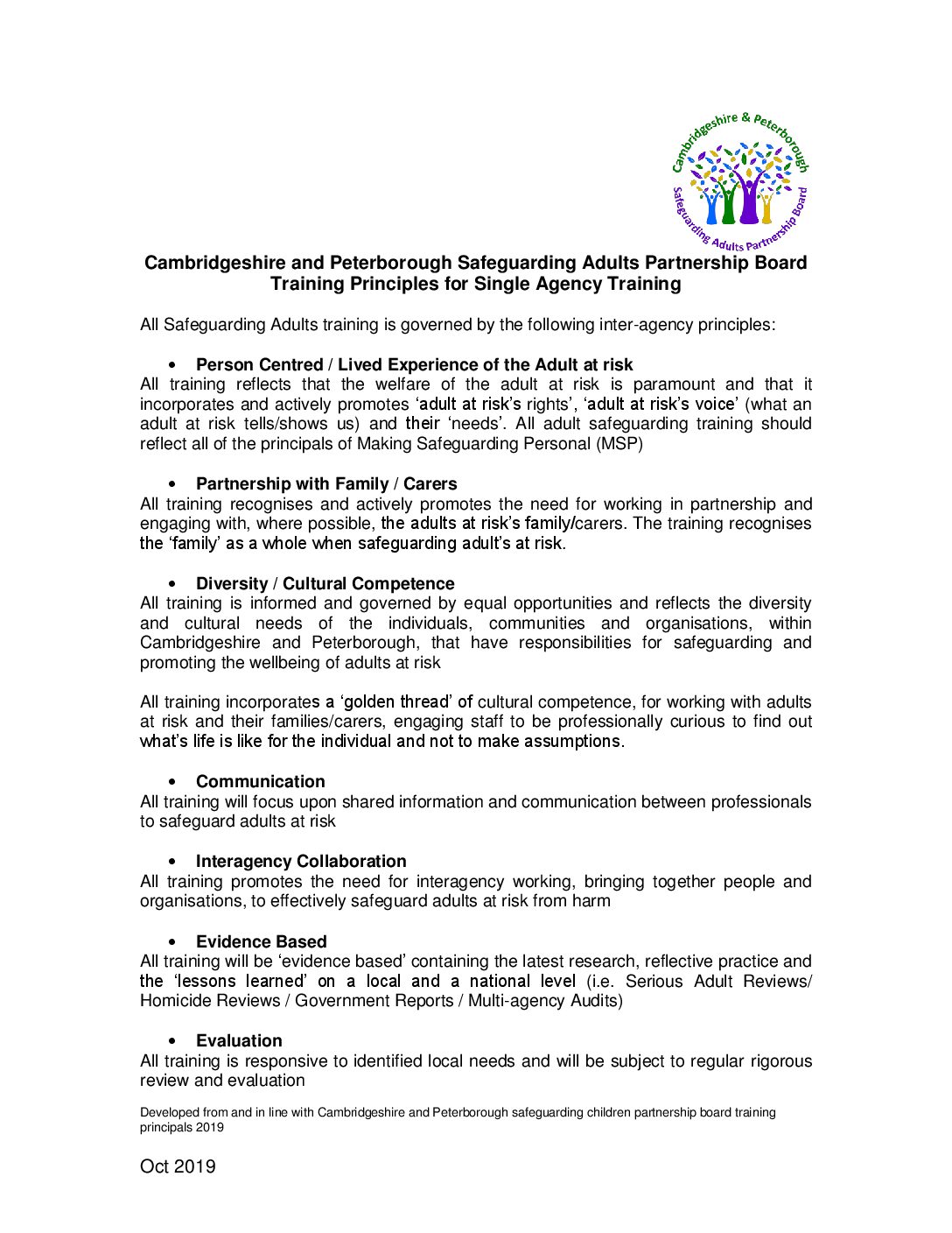 SAB Training Principles for Single Agencies 2018 Cambridgeshire and