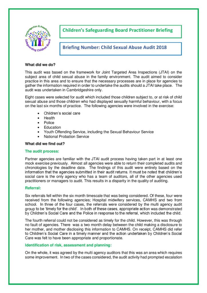 Findings from Child Sexual Abuse Audit 2018 Cambridgeshire and
